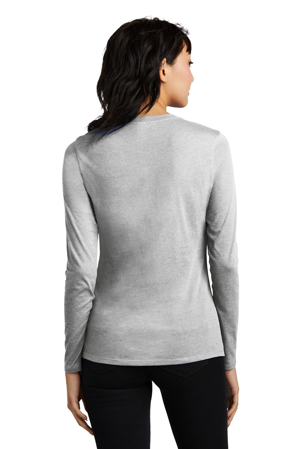 District DT110 Womens Perfect Blend CVC Long Sleeve Crewneck T-Shirt Heather Light Grey Model Back