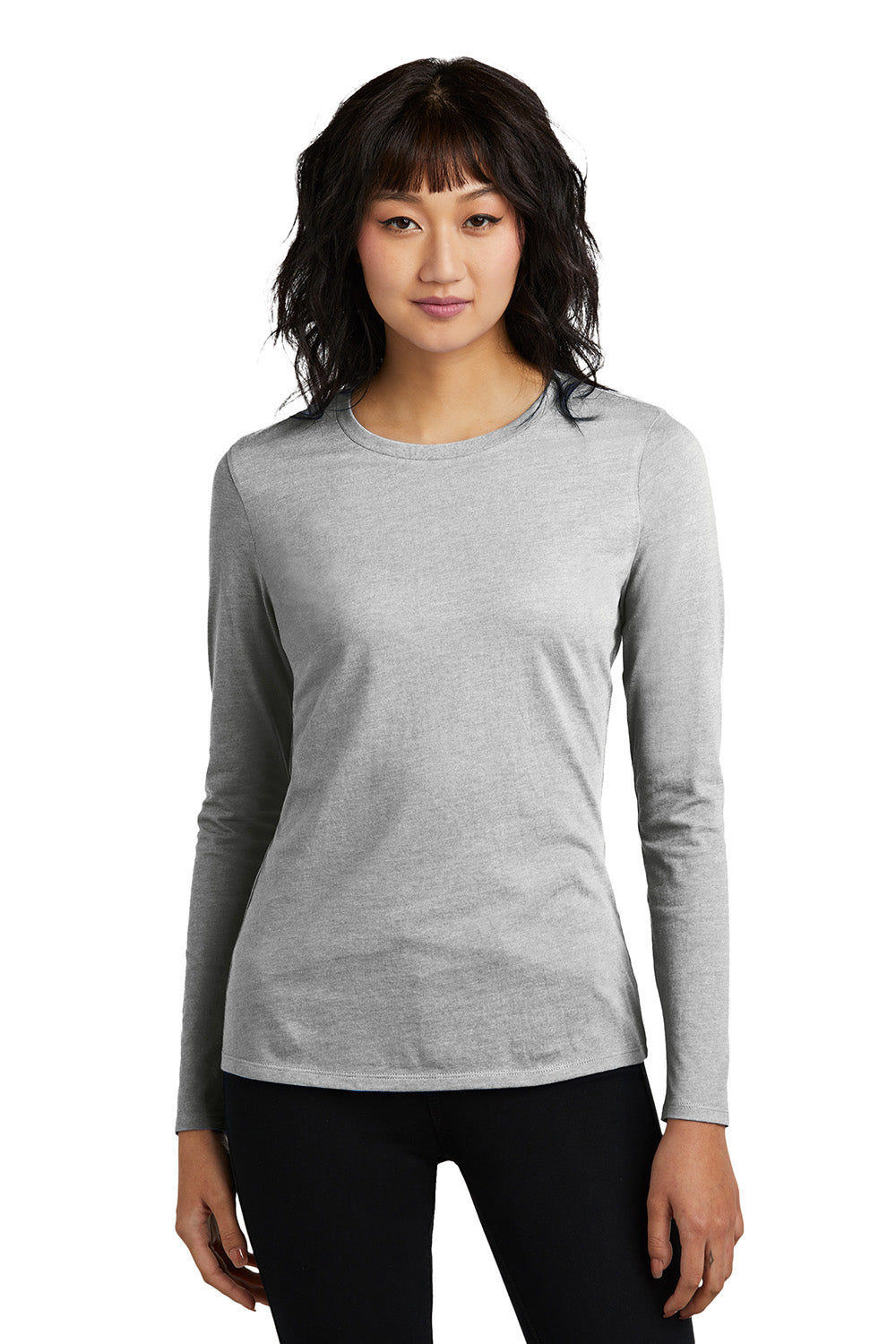 District DT110 Womens Perfect Blend CVC Long Sleeve Crewneck T-Shirt Heather Light Grey Model Front