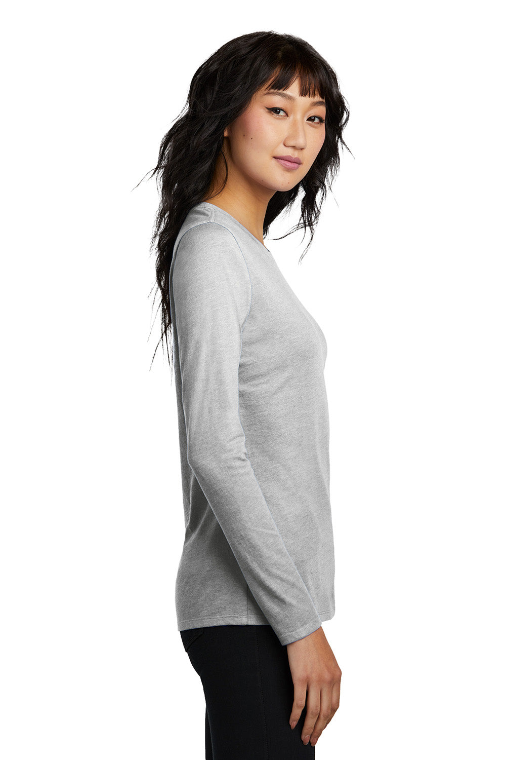 District DT110 Womens Perfect Blend CVC Long Sleeve Crewneck T-Shirt Heather Light Grey Model Side