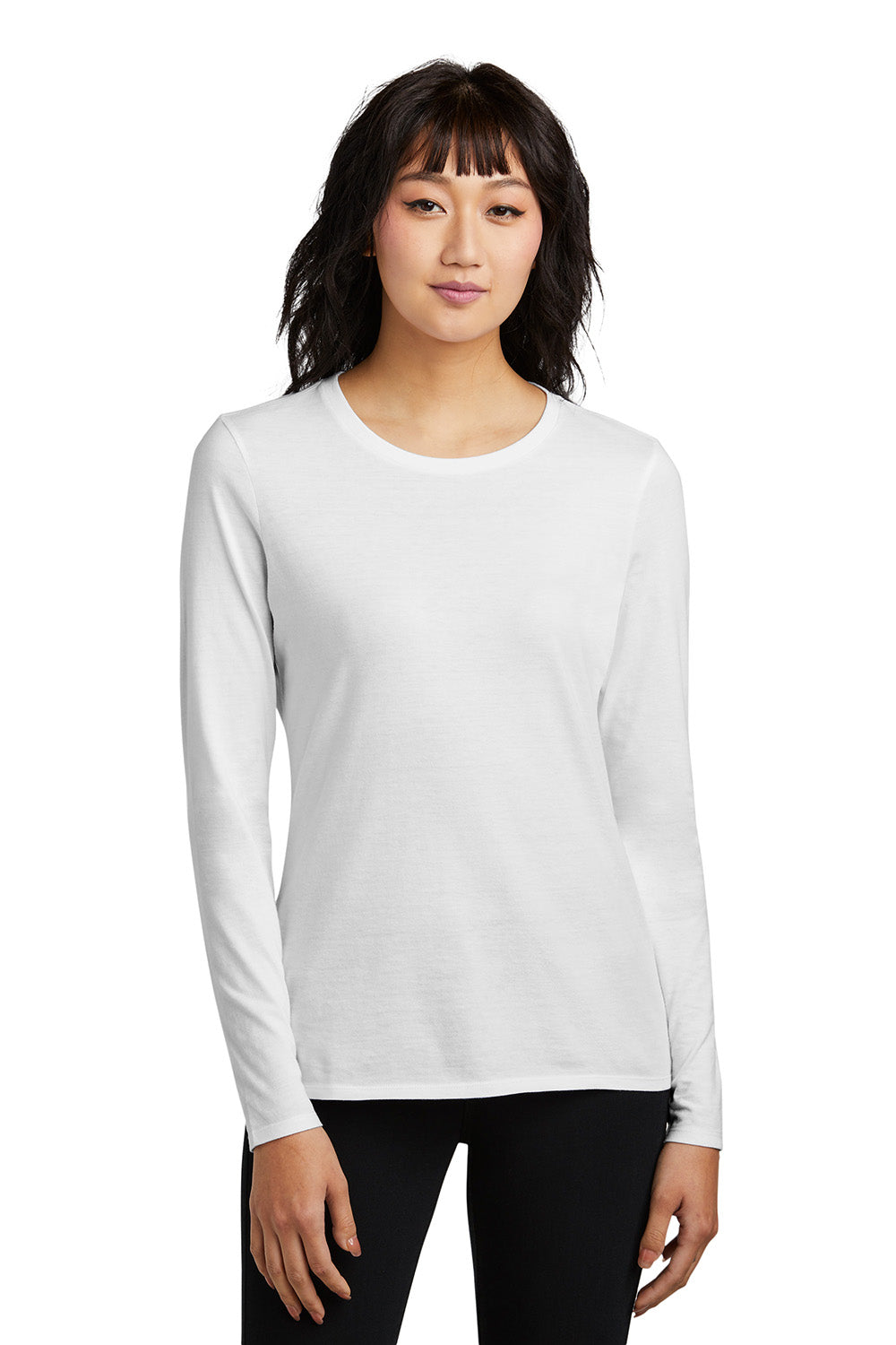 District DT110 Womens Perfect Blend CVC Long Sleeve Crewneck T-Shirt White Model Front