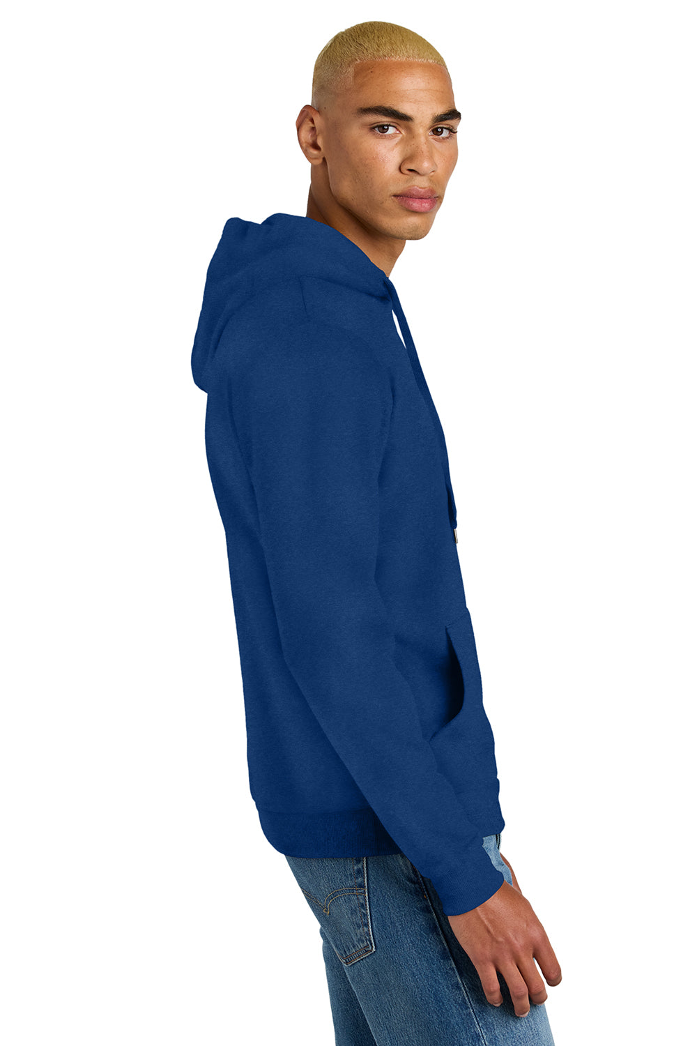 District DT1300 Mens Perfect Tri Fleece Hooded Sweatshirt Hoodie Deep Royal Blue Model Side