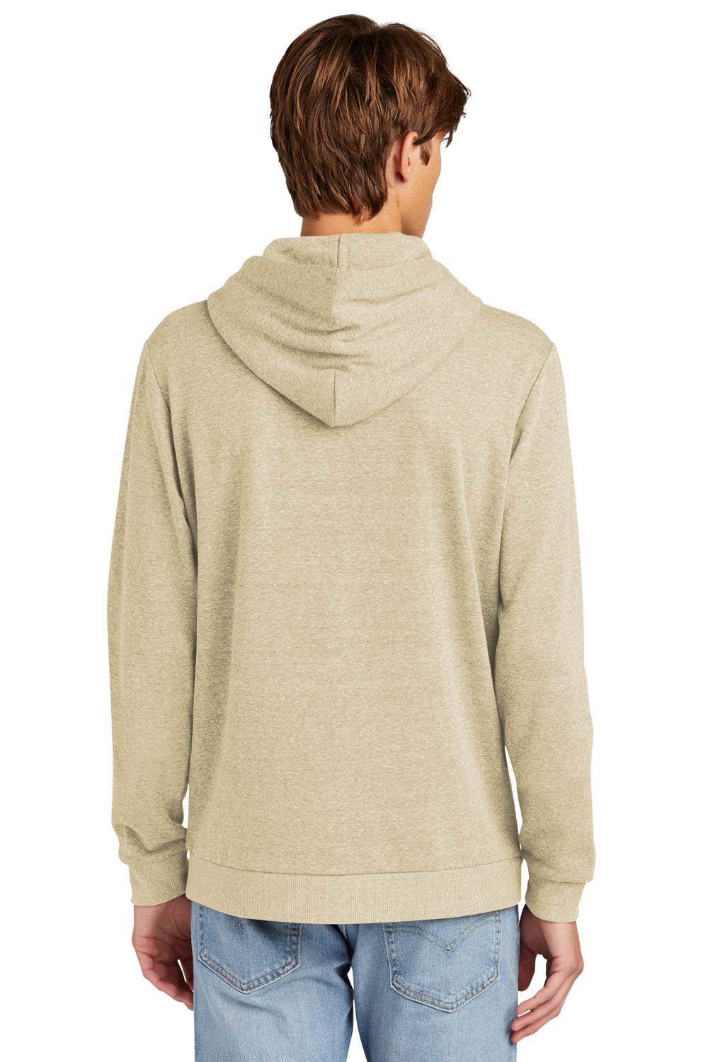 District DT1300 Mens Perfect Tri Fleece Hooded Sweatshirt Hoodie Heather Desert Tan Model Back