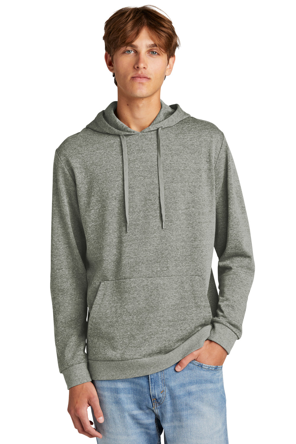 District DT1300 Mens Perfect Tri Fleece Hooded Sweatshirt Hoodie Grey Frost Model Front