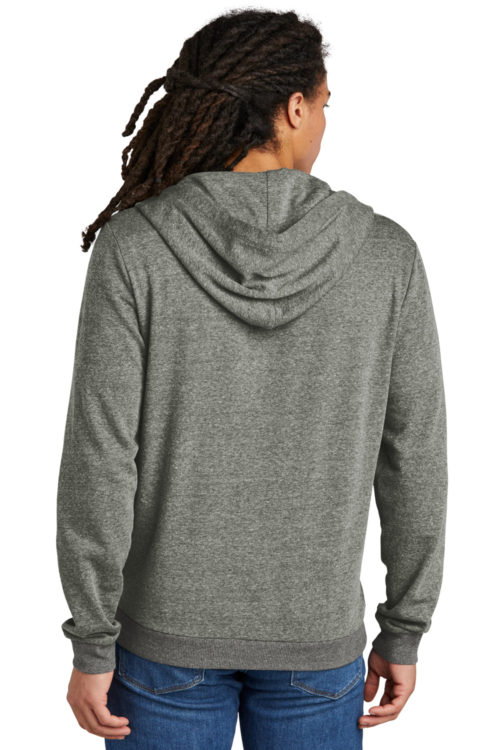 District DT1302 Mens Perfect Tri Fleece Full Zip Hooded Sweatshirt Hoodie Heather Charcoal Grey Model Back