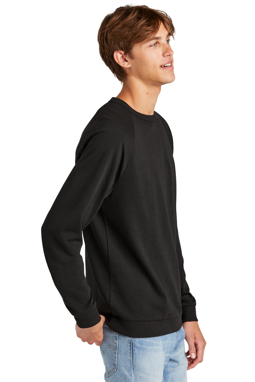 District DT1304 Mens Perfect Tri Fleece Crewneck Sweatshirt Black Model Side