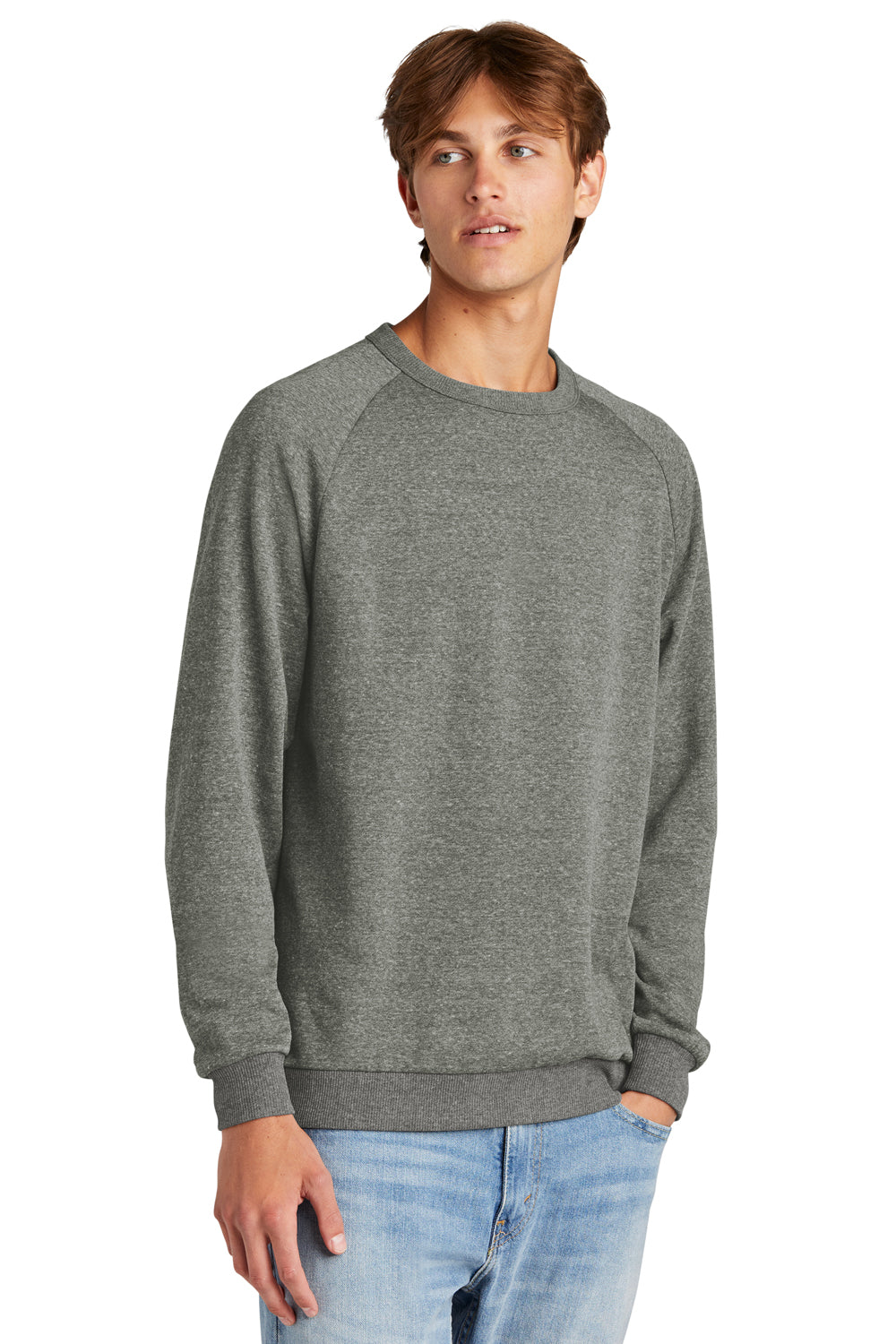 District DT1304 Mens Perfect Tri Fleece Crewneck Sweatshirt Heather Charcoal Grey Model Front