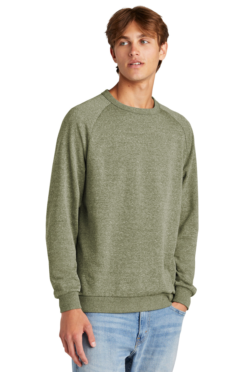 District DT1304 Mens Perfect Tri Fleece Crewneck Sweatshirt Military Green Frost Model Front