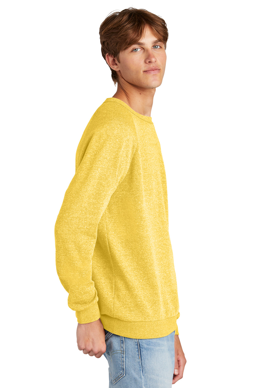 District DT1304 Mens Perfect Tri Fleece Crewneck Sweatshirt Heather Ochre Yellow Model Side