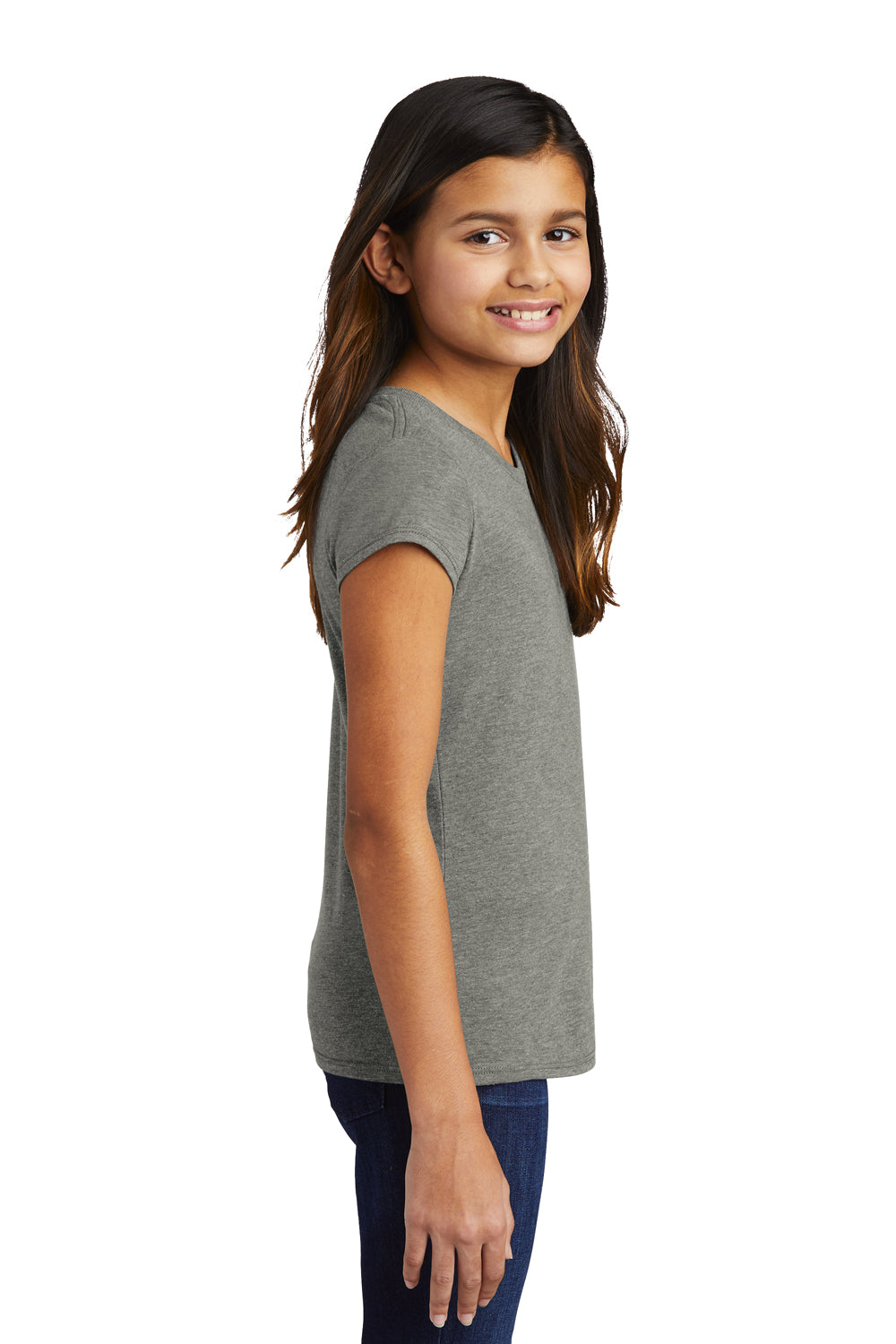 District DT130YG Youth Girls Perfect Short Sleeve Crewneck T-Shirt Grey Frost Model Side