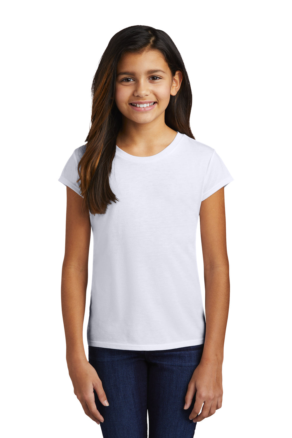 District DT130YG Youth Girls Perfect Short Sleeve Crewneck T-Shirt White Model Front