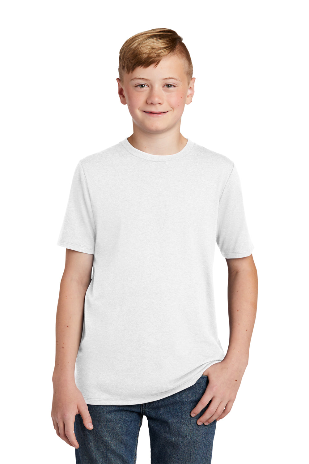 District DT130Y Youth Perfect Tri Short Sleeve Crewneck T-Shirt White Model Front