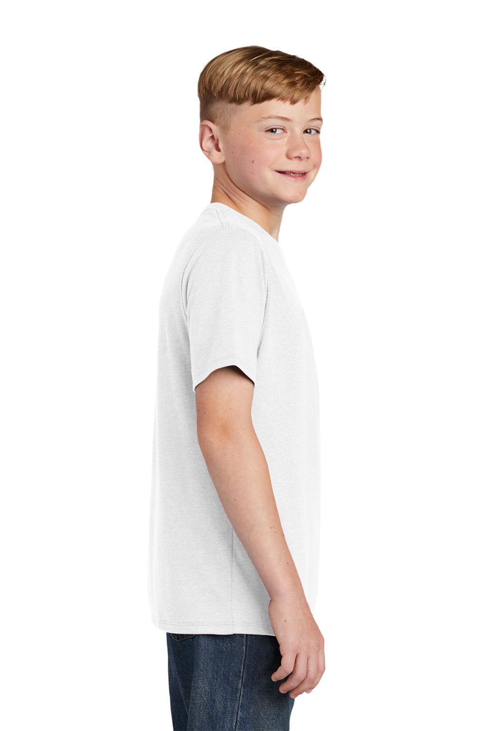 District DT130Y Youth Perfect Tri Short Sleeve Crewneck T-Shirt White Model Side