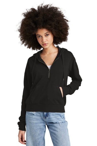 District DT1311 Womens Perfect Tri Fleece 1/4 Zip Hooded Sweatshirt Hoodie Black Model Front