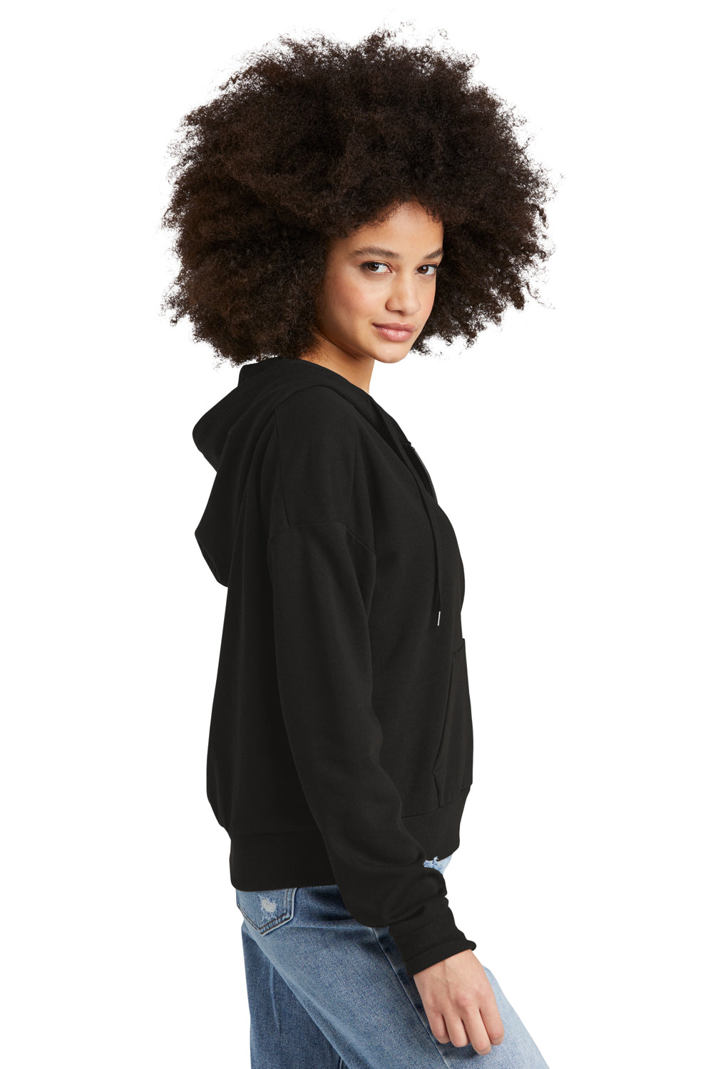 District DT1311 Womens Perfect Tri Fleece 1/4 Zip Hooded Sweatshirt Hoodie Black Model Side