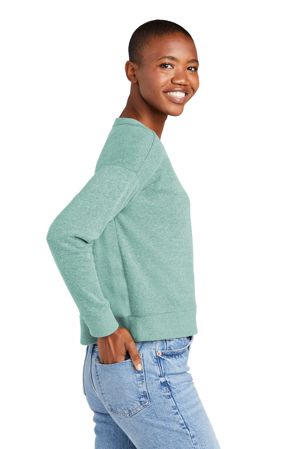 District DT1312 Womens Perfect Tri Fleece V-Neck Sweatshirt Heather Eucalyptus Blue Model Side