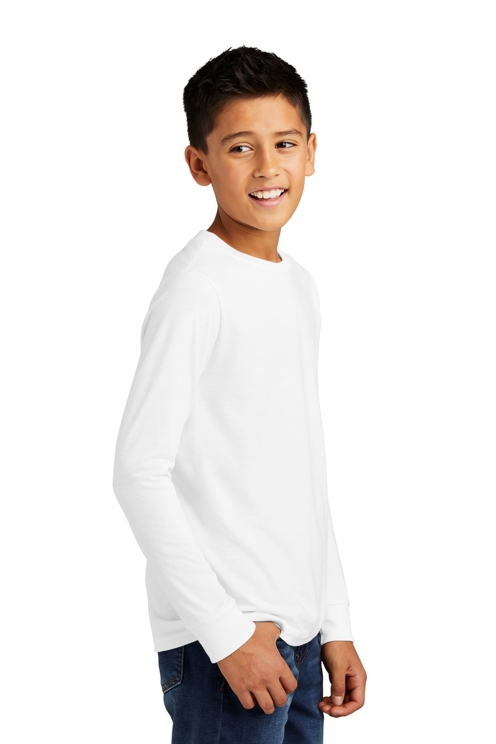 District DT132Y Youth Perfect Tri Long Sleeve Crewneck T-Shirt White Model Side