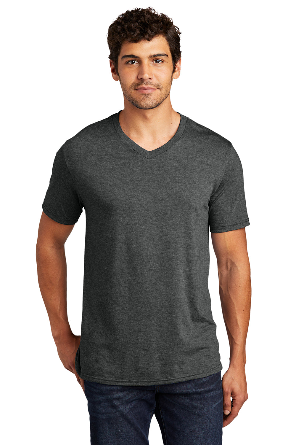 District DT1350 Mens Perfect Tri Short Sleeve V-Neck T-Shirt Black Frost Model Front