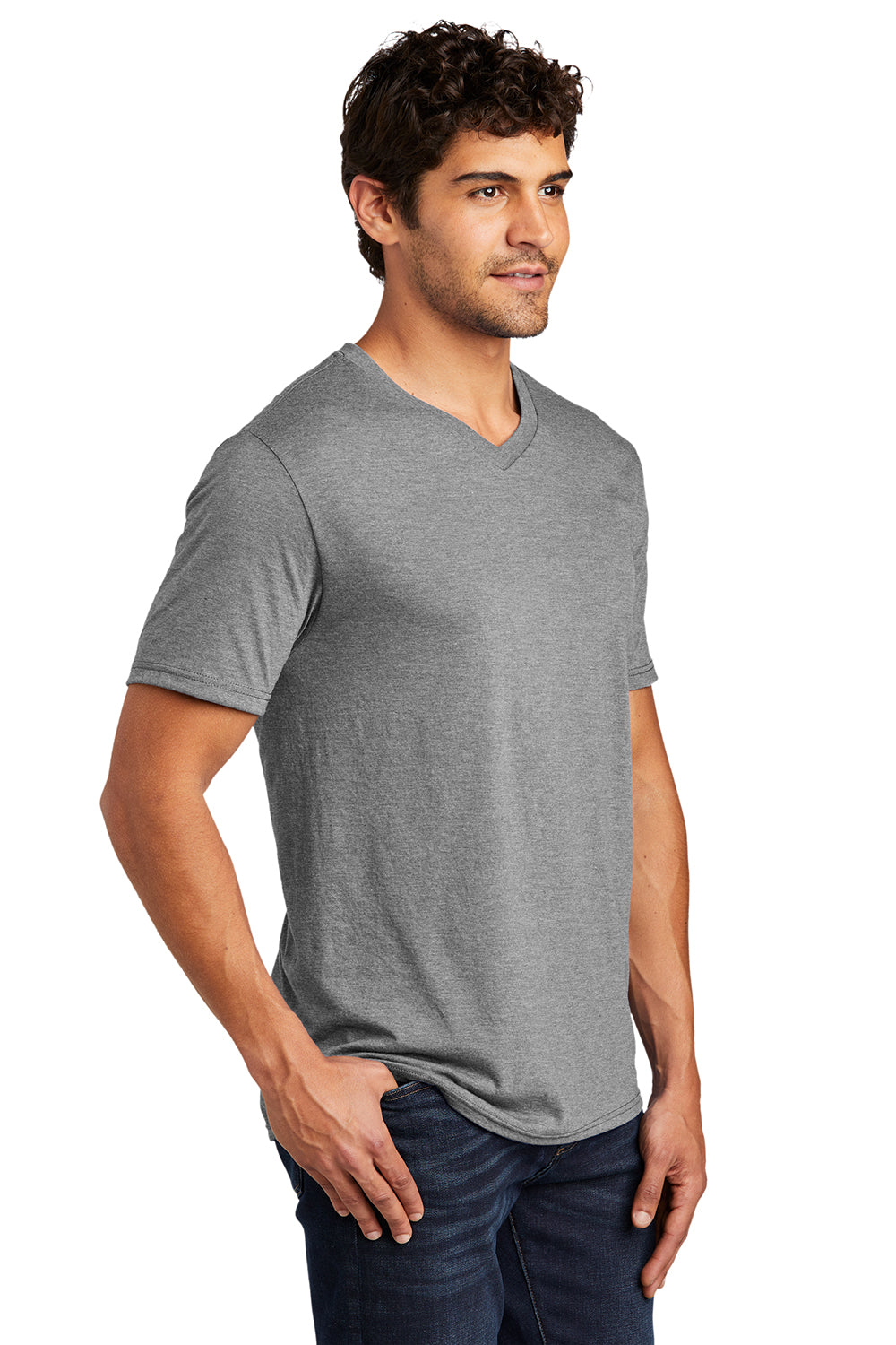 District DT1350 Mens Perfect Tri Short Sleeve V-Neck T-Shirt Grey Frost Model 3q