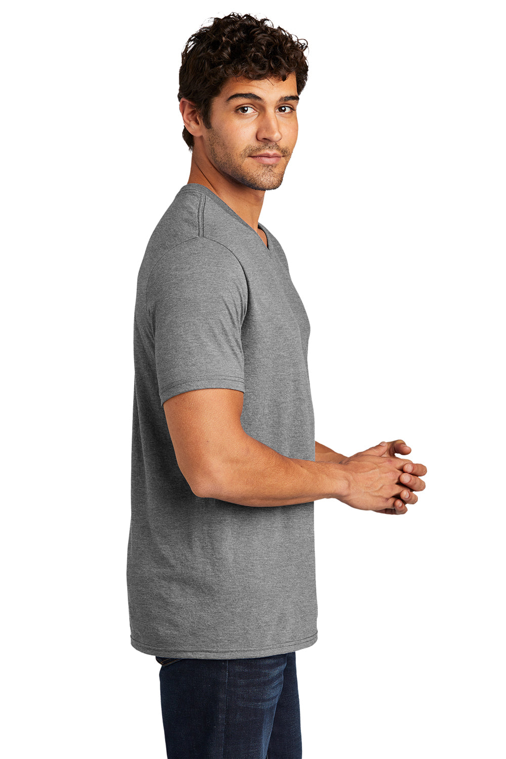 District DT1350 Mens Perfect Tri Short Sleeve V-Neck T-Shirt Grey Frost Model Side