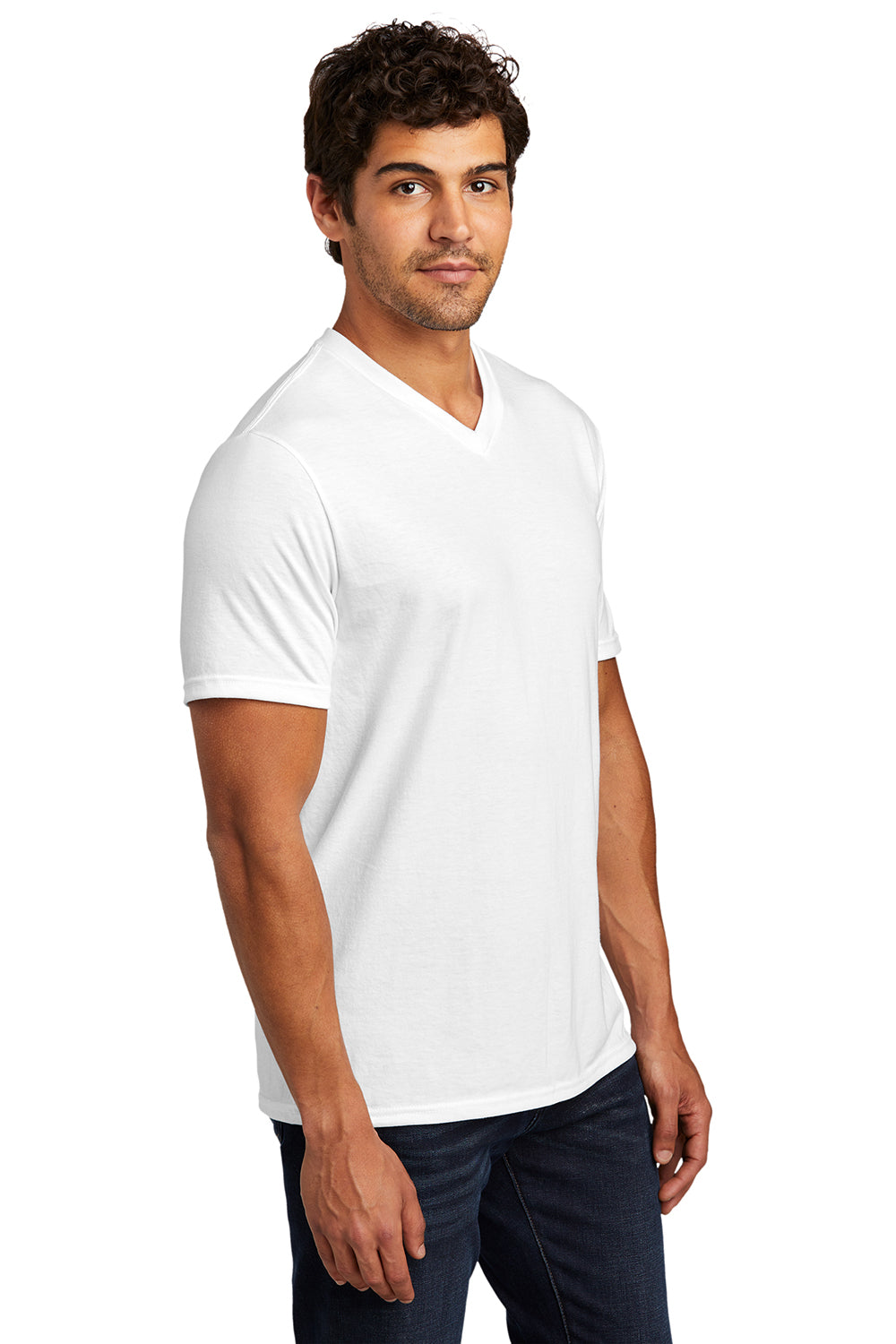 District DT1350 Mens Perfect Tri Short Sleeve V-Neck T-Shirt White Model 3q