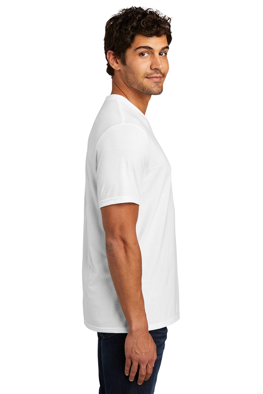 District DT1350 Mens Perfect Tri Short Sleeve V-Neck T-Shirt White Model Side