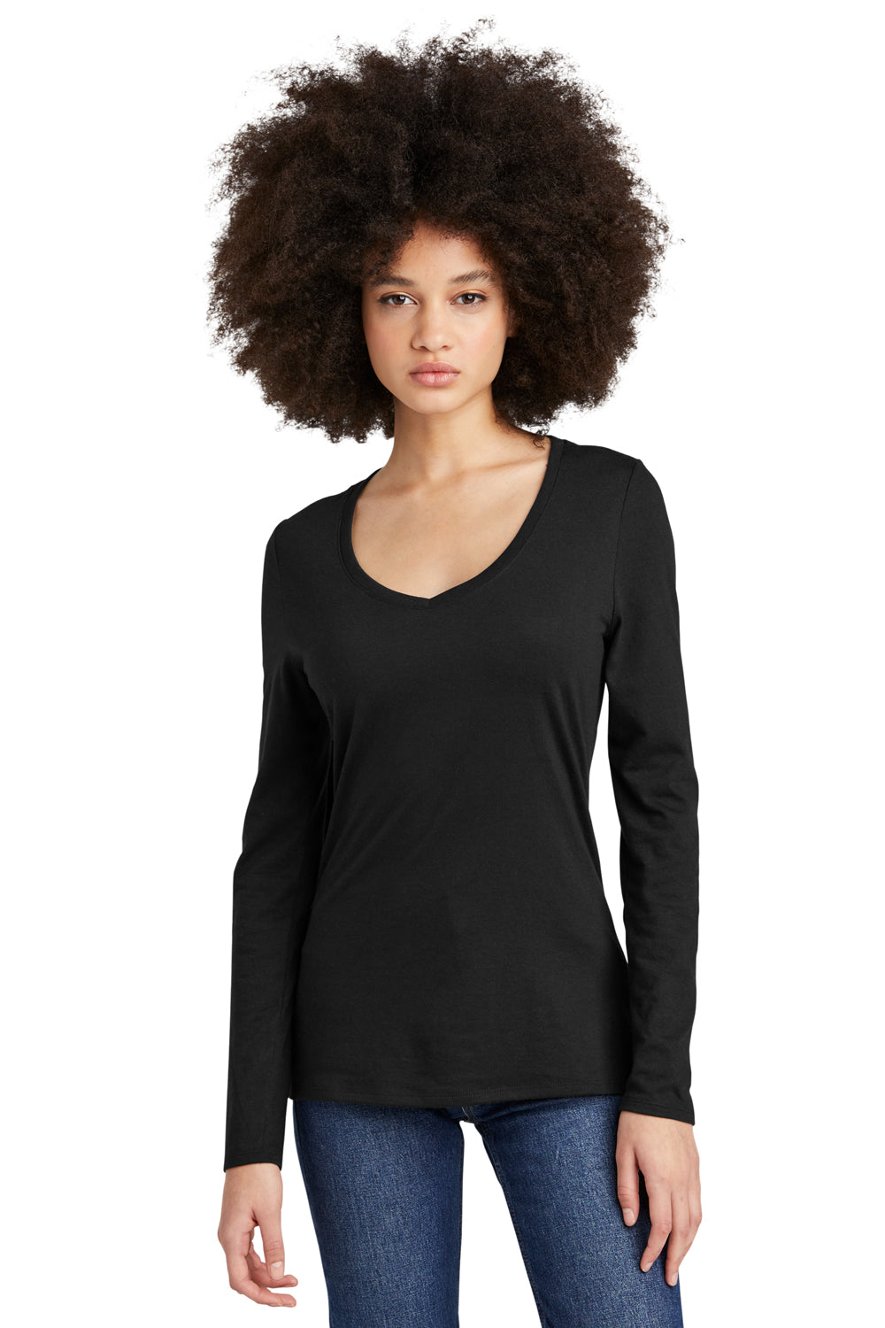 District DT135 Womens Perfect Tri Long Sleeve V-Neck T-Shirt Black Model Front