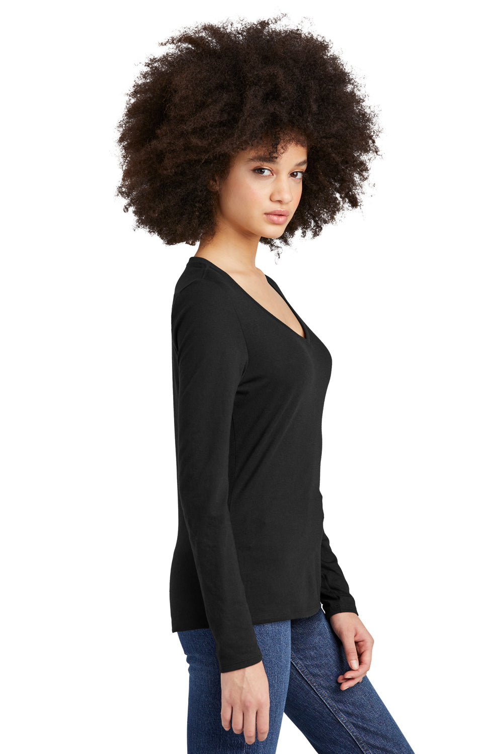 District DT135 Womens Perfect Tri Long Sleeve V-Neck T-Shirt Black Model Side