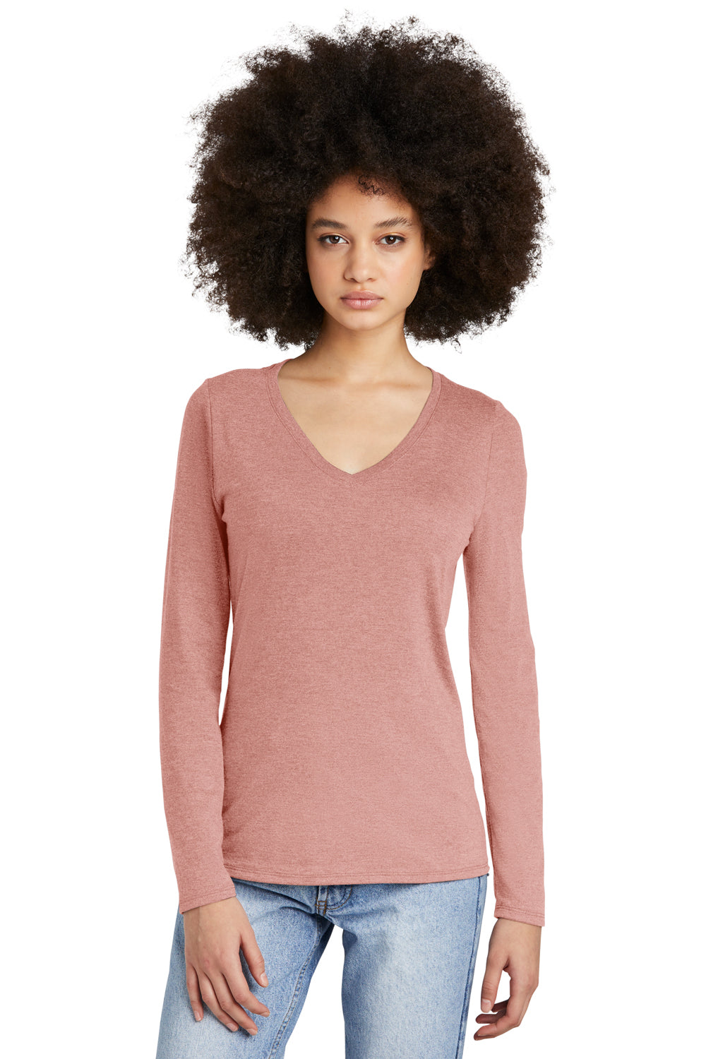 District DT135 Womens Perfect Tri Long Sleeve V-Neck T-Shirt Blush Frost Model Front