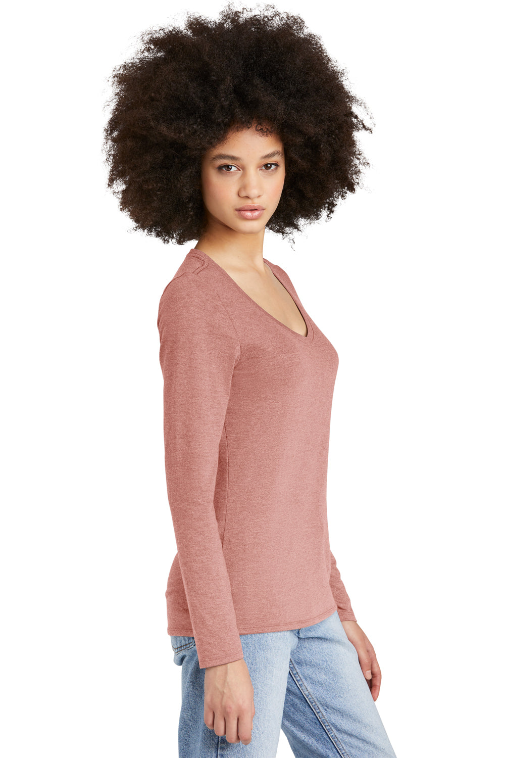 District DT135 Womens Perfect Tri Long Sleeve V-Neck T-Shirt Blush Frost Model Side