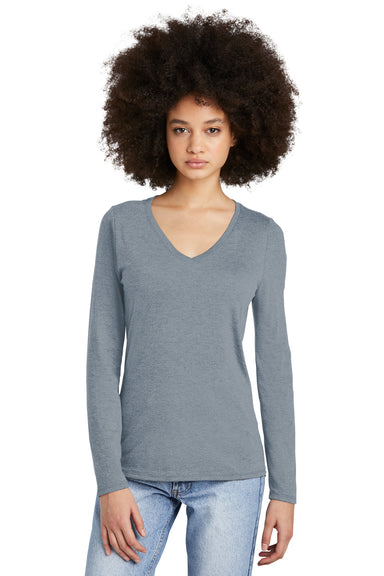 District DT135 Womens Perfect Tri Long Sleeve V-Neck T-Shirt Heather Flint Blue Model Front