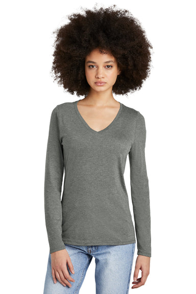 District DT135 Womens Perfect Tri Long Sleeve V-Neck T-Shirt Heather Charcoal Grey Model Front