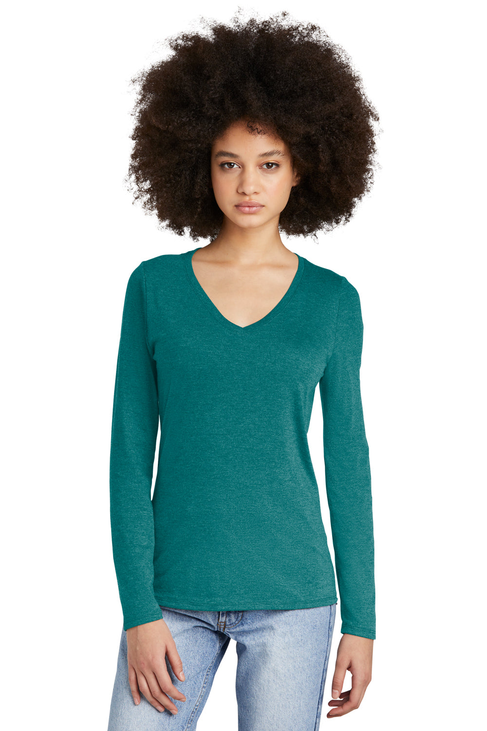 District DT135 Womens Perfect Tri Long Sleeve V-Neck T-Shirt Heather Teal Green Model Front