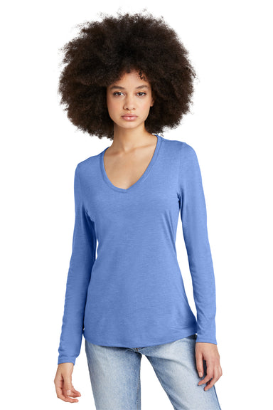 District DT135 Womens Perfect Tri Long Sleeve V-Neck T-Shirt Maritime Blue Frost Model Front