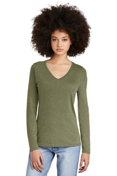 District DT135 Womens Perfect Tri Long Sleeve V-Neck T-Shirt Military Green Frost Model Front