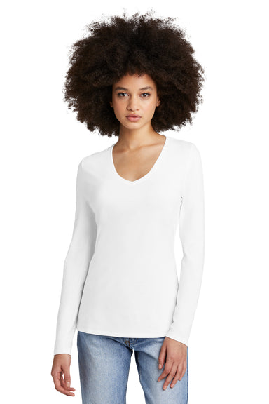 District DT135 Womens Perfect Tri Long Sleeve V-Neck T-Shirt White Model Front