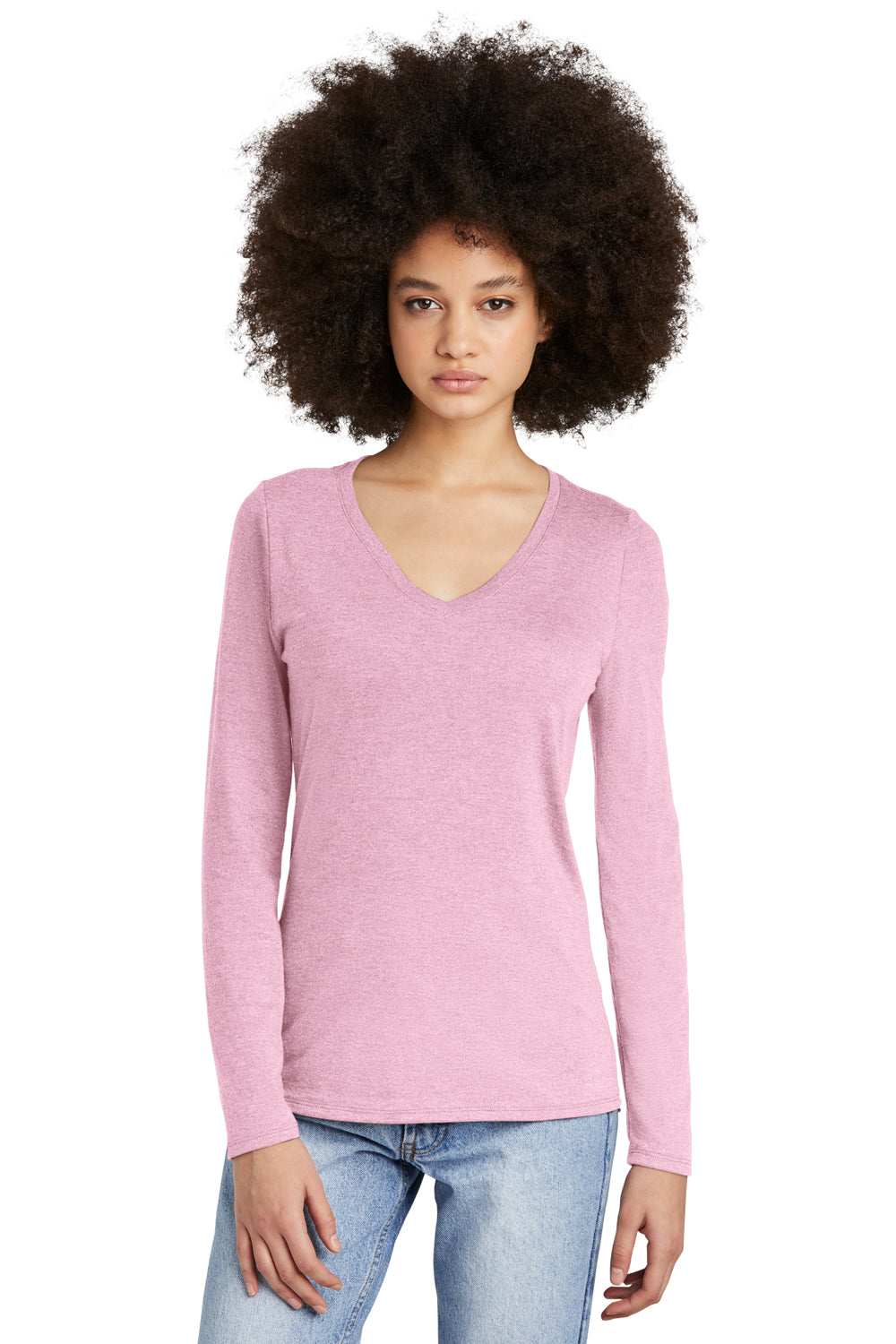 District DT135 Womens Perfect Tri Long Sleeve V-Neck T-Shirt Heather Wisteria Pink Model Front