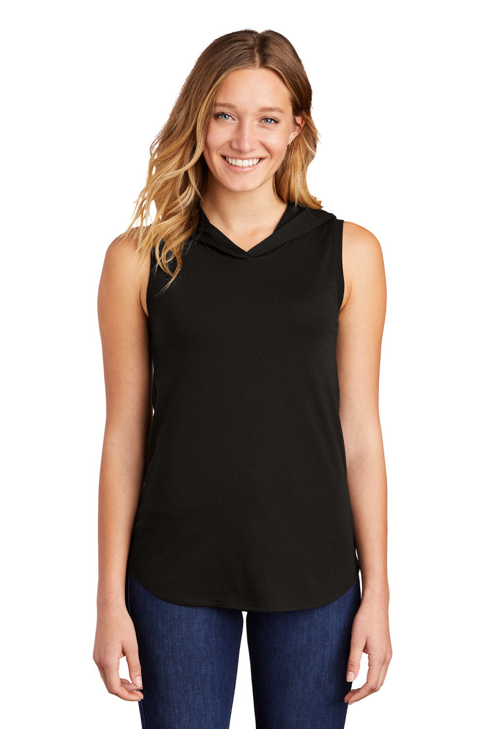 District DT1375 Womens Perfect Sleeveless Hooded T-Shirt Hoodie Black Model Front