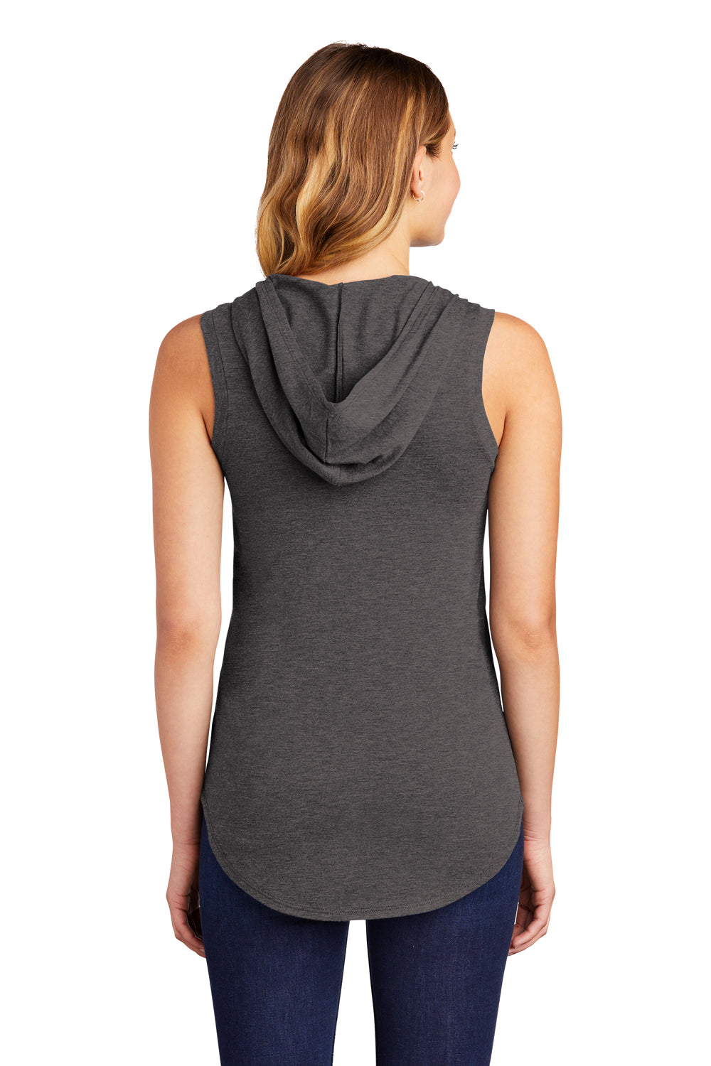 District DT1375 Womens Perfect Sleeveless Hooded T-Shirt Hoodie Heather Charcoal Grey Model Back