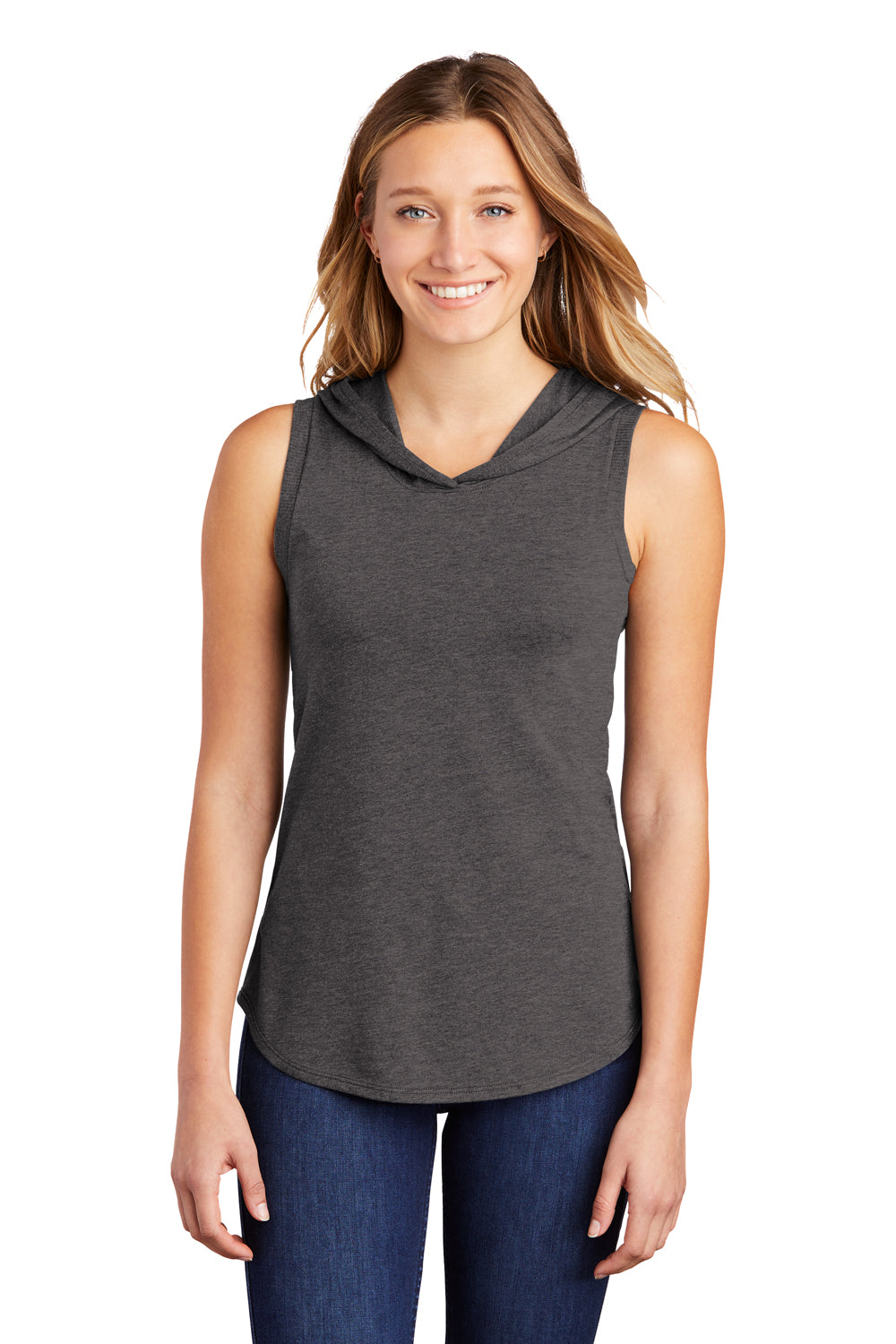 District DT1375 Womens Perfect Sleeveless Hooded T-Shirt Hoodie Heather Charcoal Grey Model Front