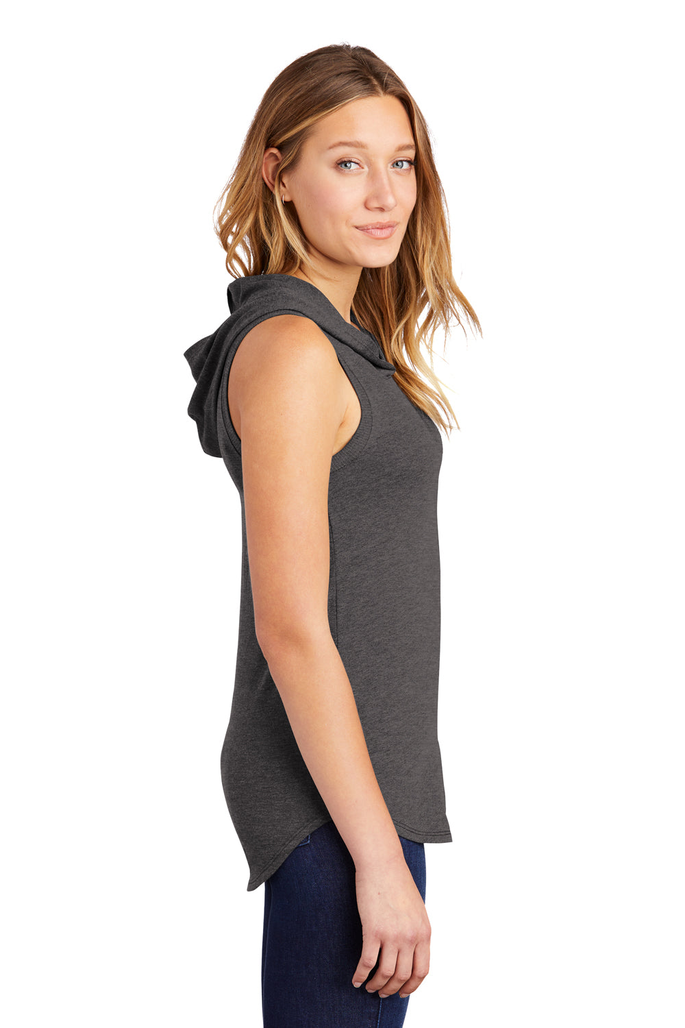 District DT1375 Womens Perfect Sleeveless Hooded T-Shirt Hoodie Heather Charcoal Grey Model Side