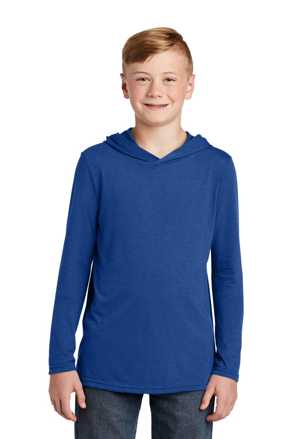 District DT139Y Youth Perfect Long Sleeve Hooded T-Shirt Hoodie Deep Royal Blue Model Front