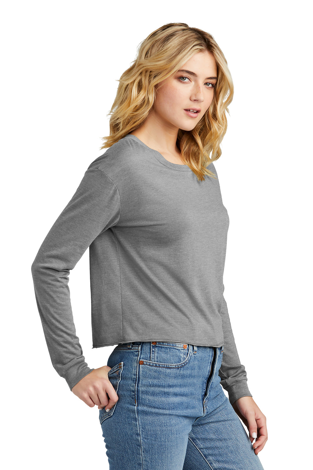 District DT141 Womens Perfect Tri Midi Long Sleeve Crewneck T-Shirt Grey Frost Model Side