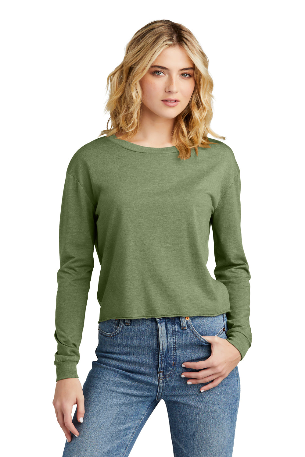 District DT141 Womens Perfect Tri Midi Long Sleeve Crewneck T-Shirt Military Green Frost Model Front