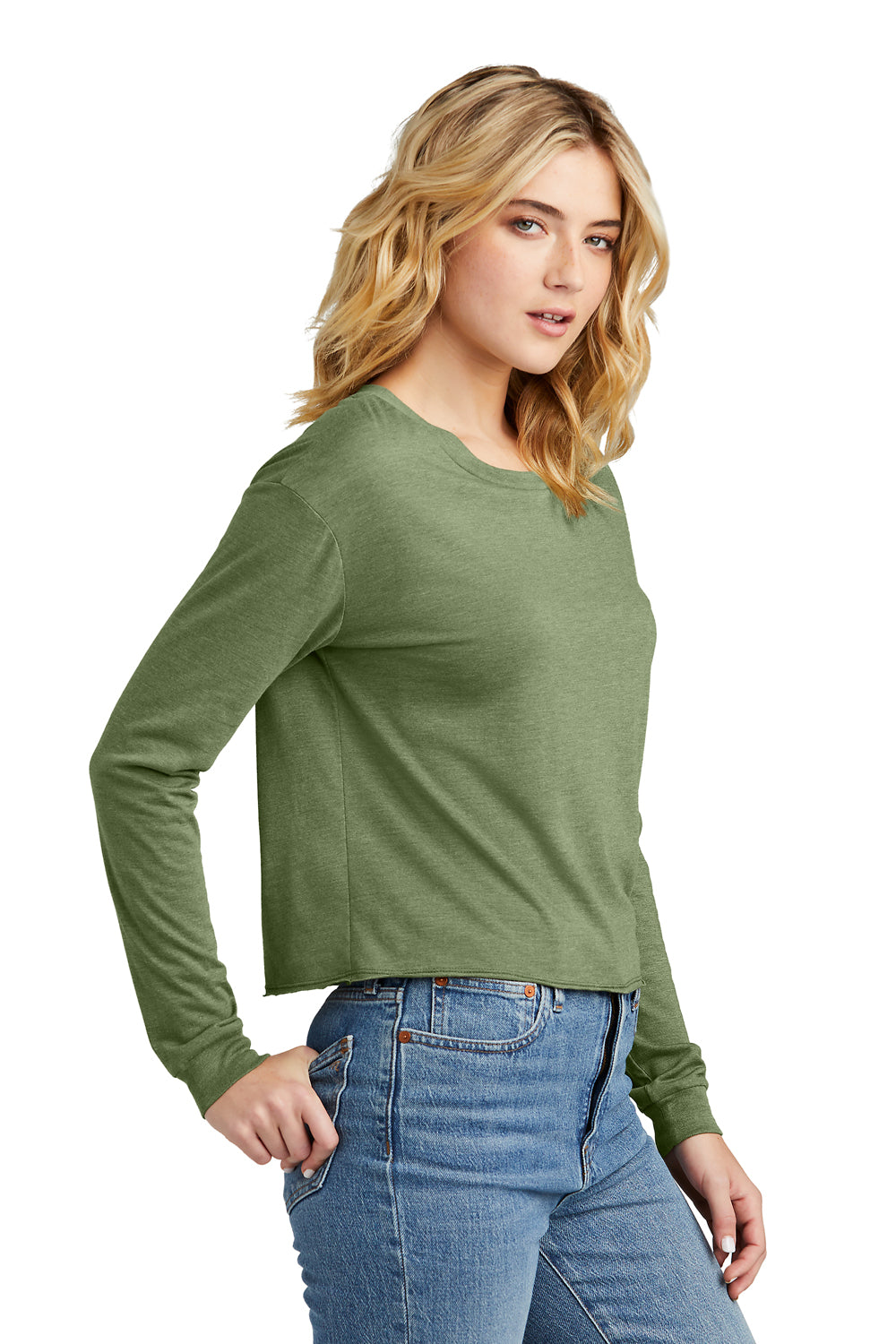 District DT141 Womens Perfect Tri Midi Long Sleeve Crewneck T-Shirt Military Green Frost Model Side