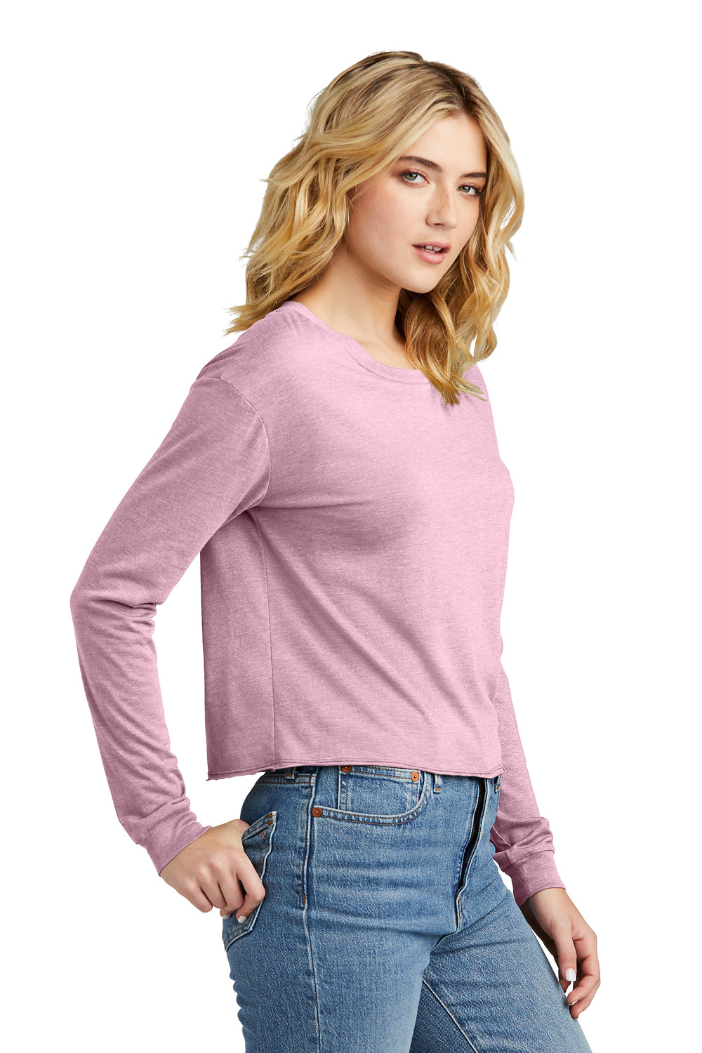 District DT141 Womens Perfect Tri Midi Long Sleeve Crewneck T-Shirt Heather Wisteria Pink Model Side