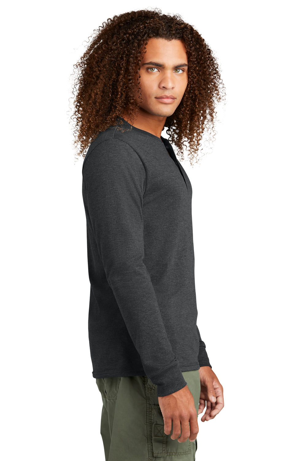 District DT145 Mens Perfect Tri Long Sleeve Henley T-Shirt Black Frost Model Side