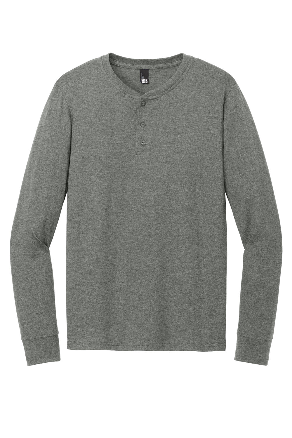 District DT145 Mens Perfect Tri Long Sleeve Henley T-Shirt Heather Charcoal Grey Flat Front