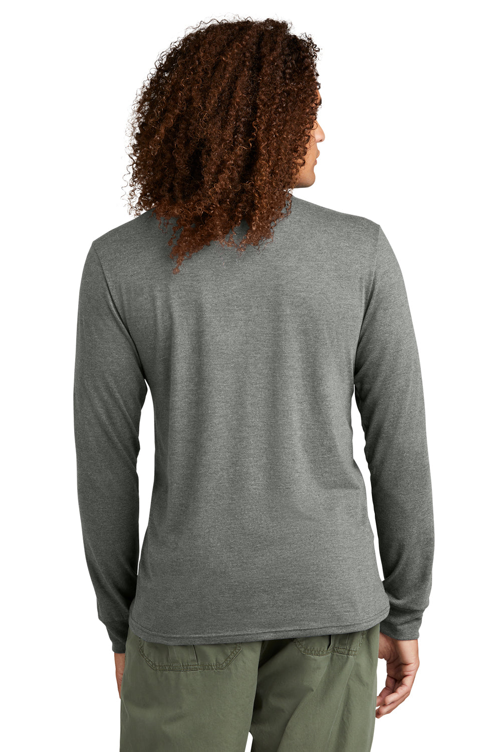 District DT145 Mens Perfect Tri Long Sleeve Henley T-Shirt Heather Charcoal Grey Model Back