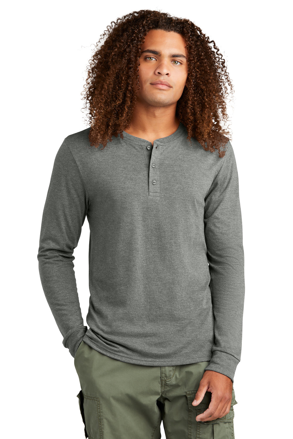 District DT145 Mens Perfect Tri Long Sleeve Henley T-Shirt Heather Charcoal Grey Model Front