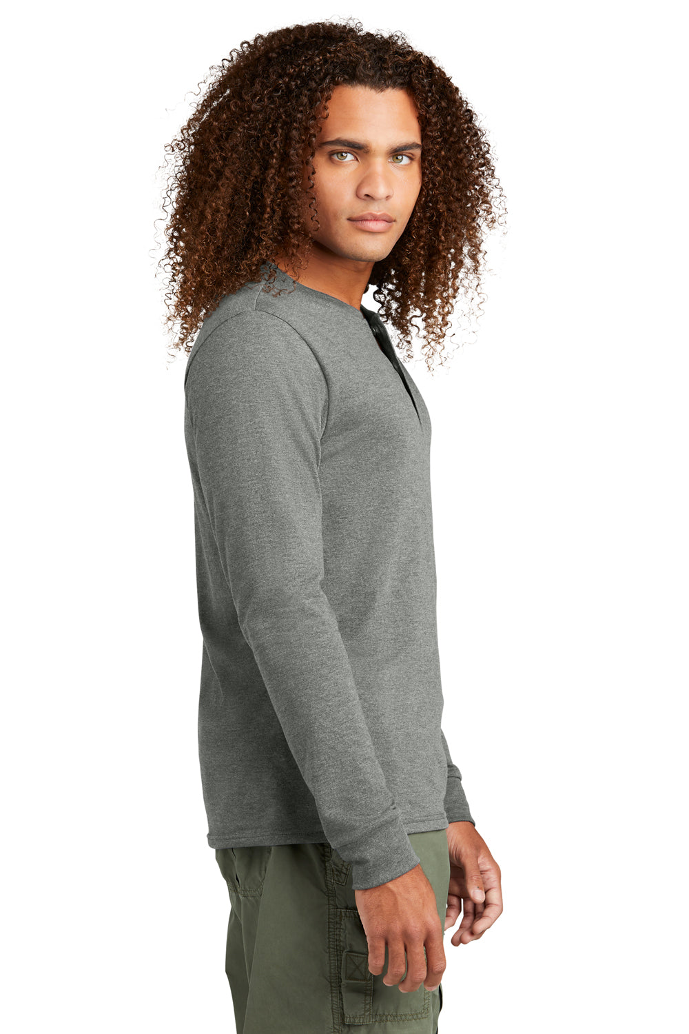 District DT145 Mens Perfect Tri Long Sleeve Henley T-Shirt Heather Charcoal Grey Model Side